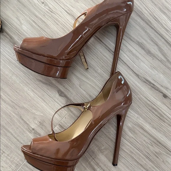 Brian Atwood Patent Leather Brown Peep Toe Heels - Picture 2 of 9